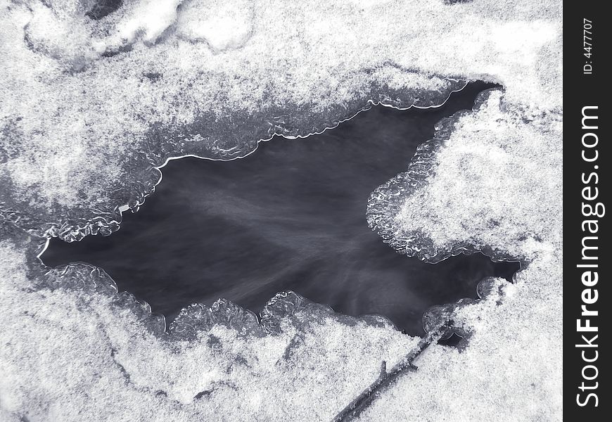 Brook is covered by ice and water flows under them with a small strem. Brook is covered by ice and water flows under them with a small strem