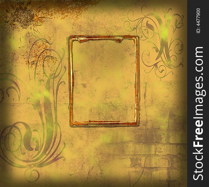 Grunge background with stains and cracks, floral, and frame