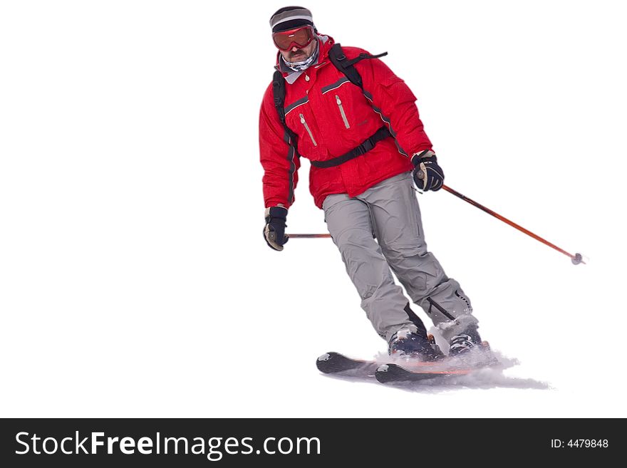 Skier man isolated running down from snowy winter resort mountain