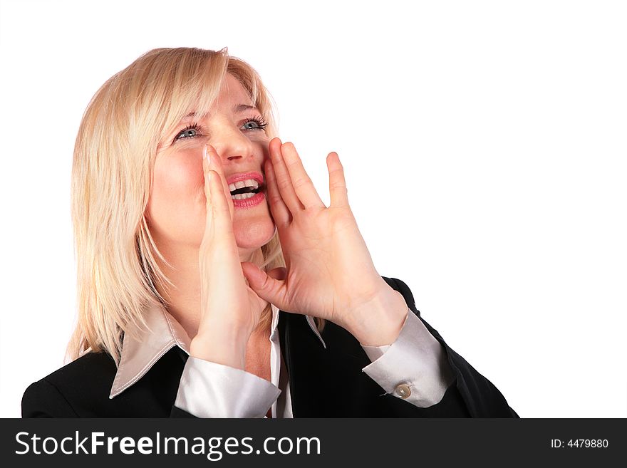 Middleaged woman screams on white