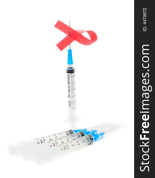 Syringe and aids ribbon sign isolated over white. Syringe and aids ribbon sign isolated over white