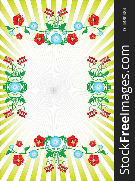 Vector illustration of a floral frame with a gradient sunburst in the background in spring colors. Vector illustration of a floral frame with a gradient sunburst in the background in spring colors