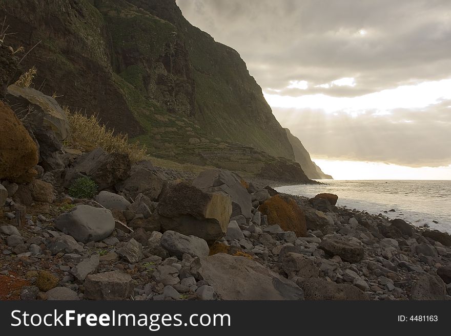 Madeira island, coast landscape at sunset - Atlantic ocean - Portugal. Madeira island, coast landscape at sunset - Atlantic ocean - Portugal