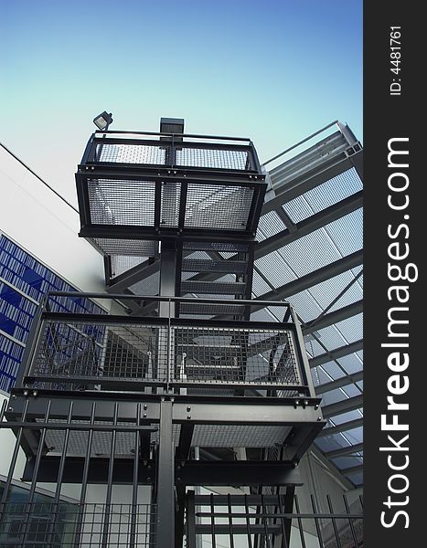 Modern steel staircase of a library building in Rijswijk, Holland