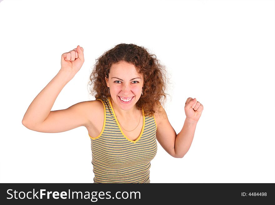 Angry young woman gestures by the hands on white