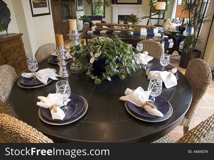 Dining room and table with festive decor. Dining room and table with festive decor.