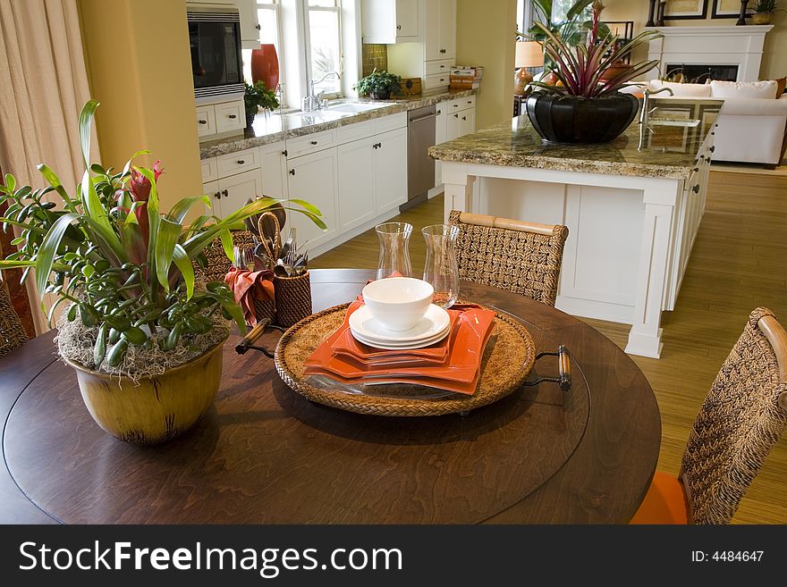 Breakfast table with modern plates and decor. Breakfast table with modern plates and decor.