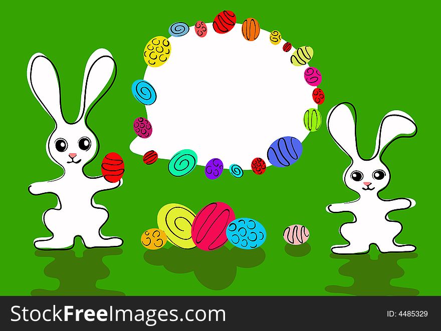 Illustrated easter wishes with a two small bunnies and a lot of coloured easter eggs