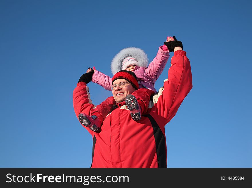 Father With Child On Shoulders In Winter 2