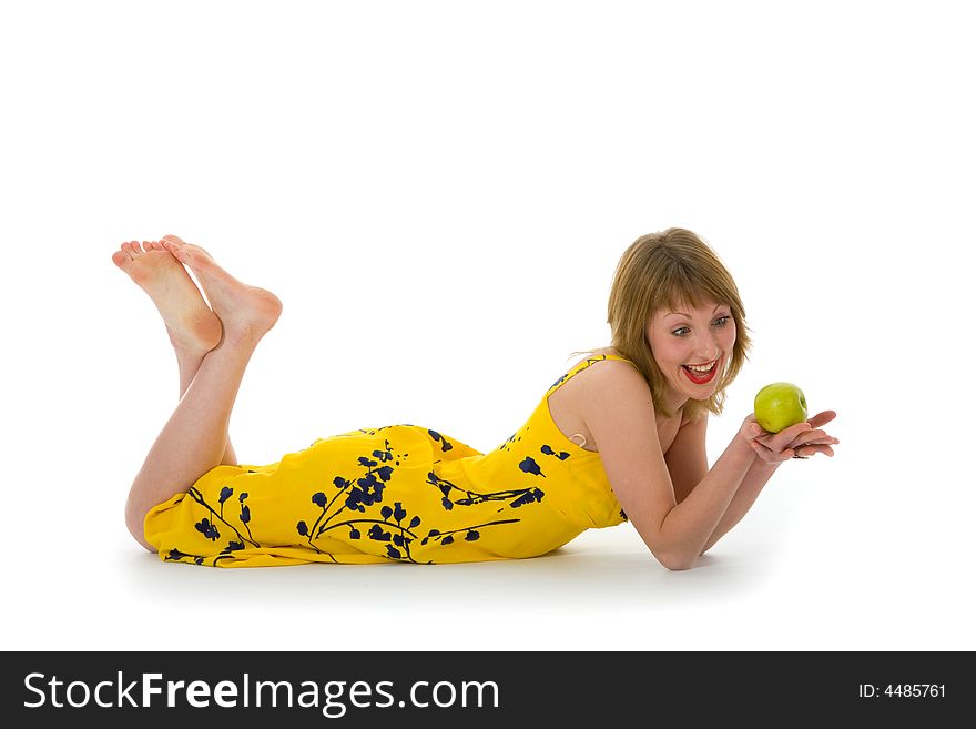 Expressive woman with aple on white background