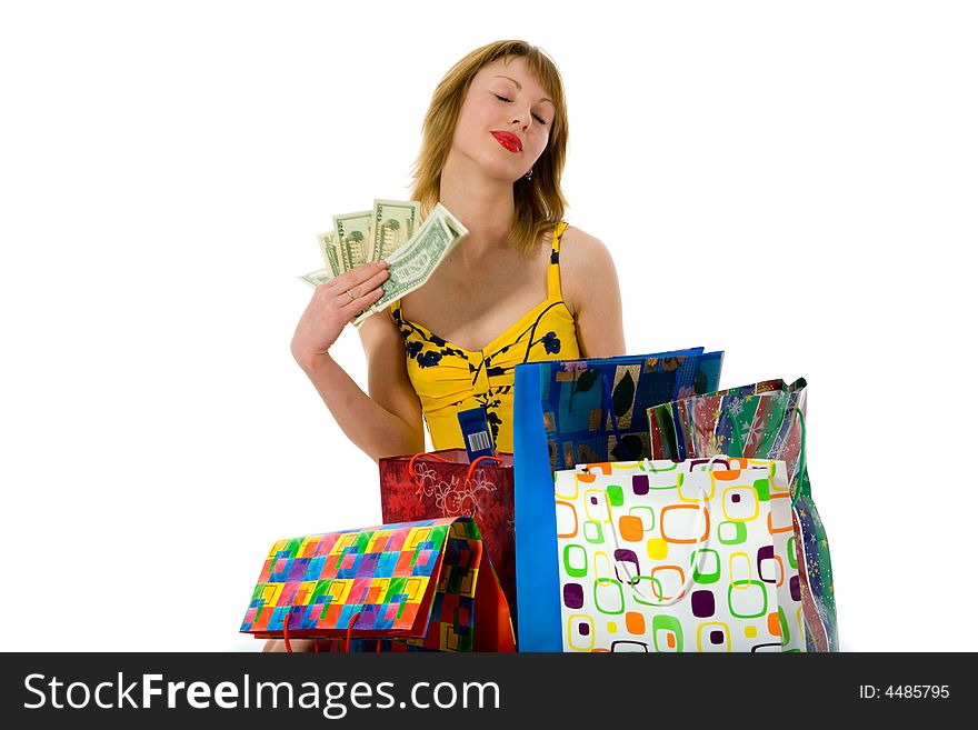 Expressive woman  on white background  shopping. Expressive woman  on white background  shopping