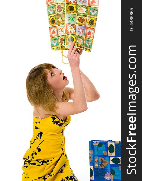 Expressive woman  on white background  shopping. Expressive woman  on white background  shopping