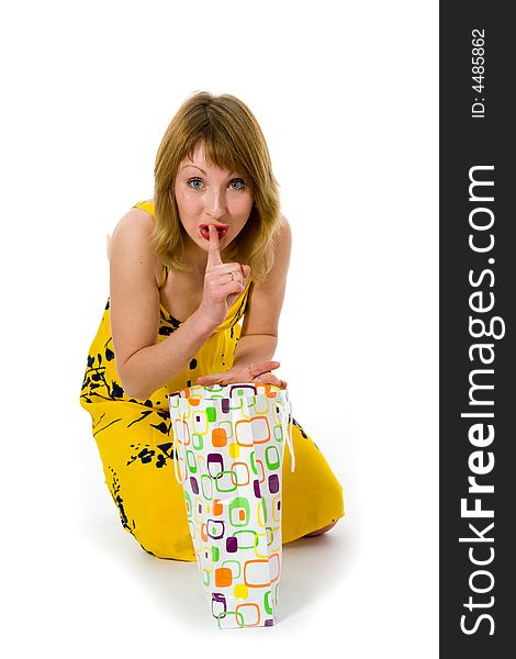 Expressive woman  on white background  shopping. Expressive woman  on white background  shopping