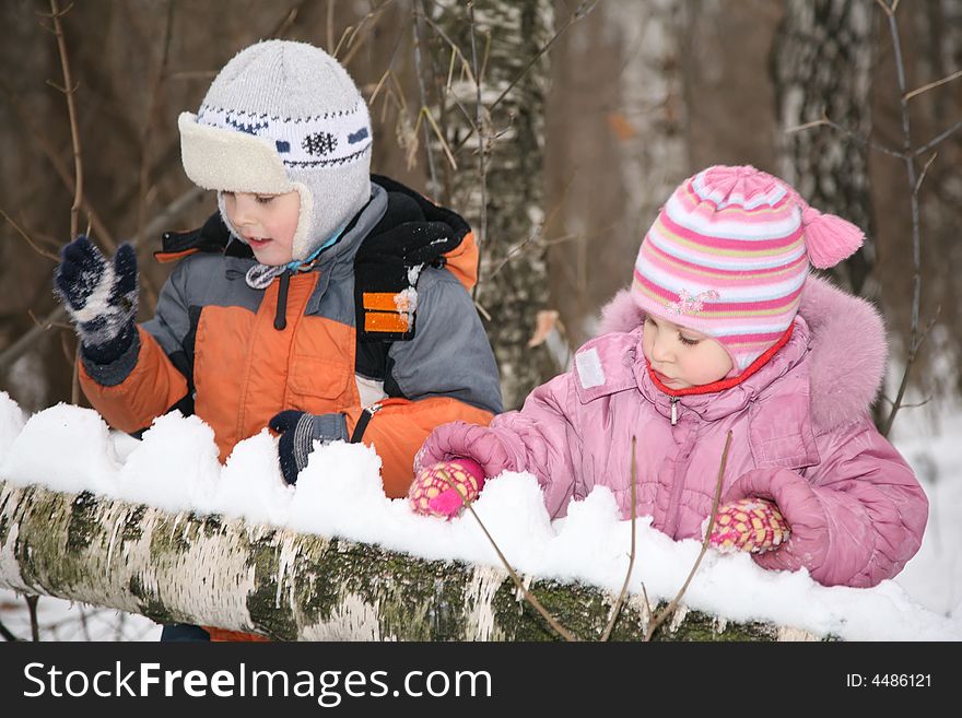 Boy And Girl Paly In Forest In Winter