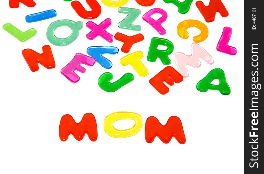 Color gel alphabet letters and word Mom. Isolated on white