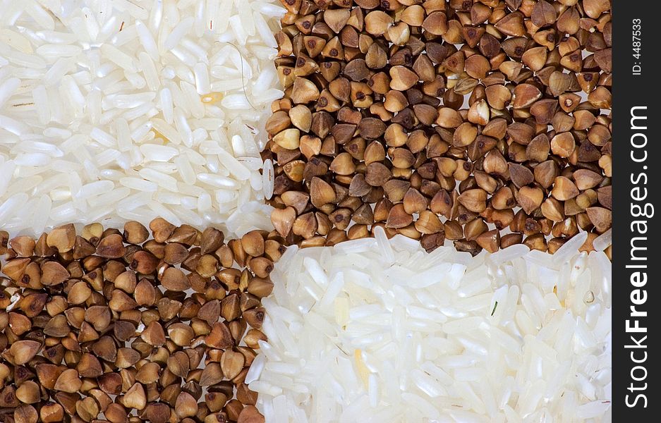 Buckwheat with rice on the white background