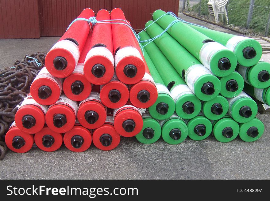 A stock of red and green buoys