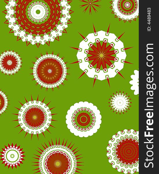Red and white abstract shapes over a green background. Red and white abstract shapes over a green background