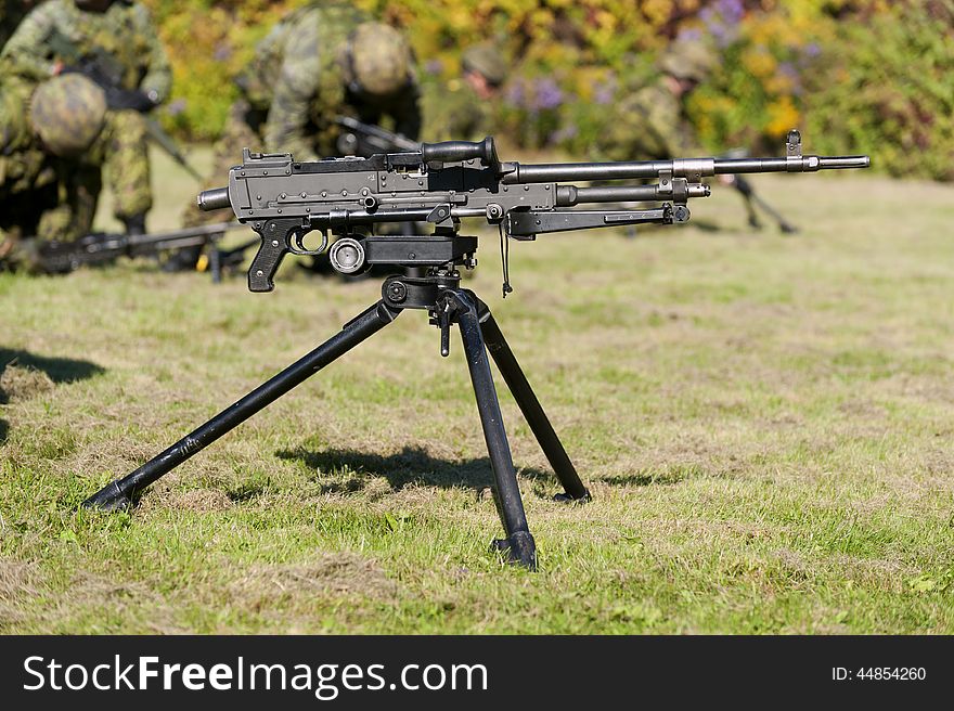 A tripod-mounted 7.62mm general purpose machine gun.