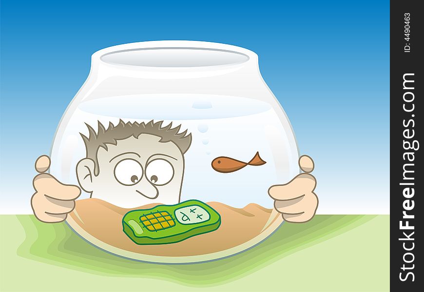 Cartoon illustration of a young man staring his drown cellphone