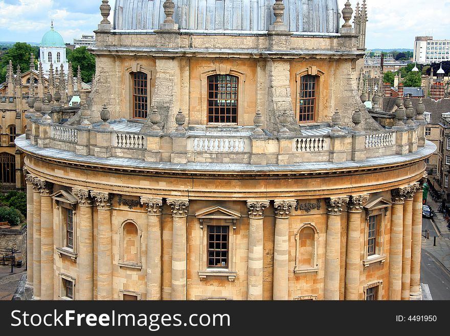 Close view of the Radcliffe Camera, a library building,. Close view of the Radcliffe Camera, a library building,