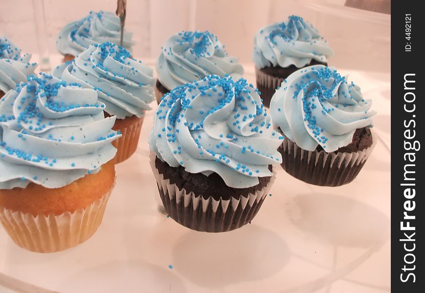 Display of Pastel Blue Vanilla and Chocolate Cupcakes. Display of Pastel Blue Vanilla and Chocolate Cupcakes