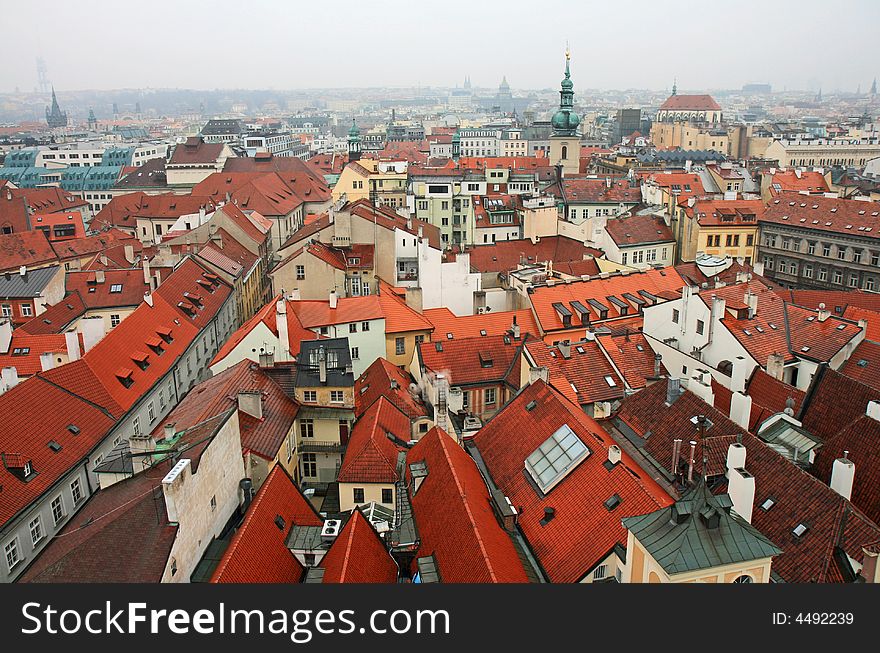 Aerial view of Old Town Square neighborhood in Prague from the top of the town hall