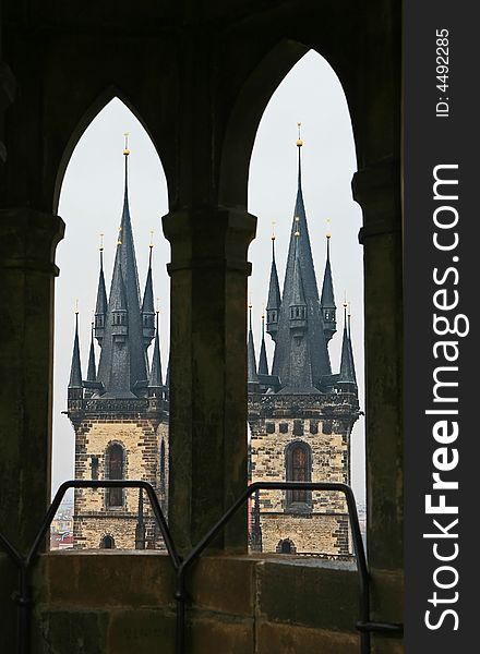 Aerial view of Old Town Square neighborhood in Prague from the top of the town hall