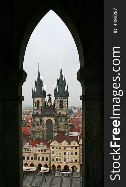 Aerial view of Old Town Square neighborhood in Prague from the top of the town hall