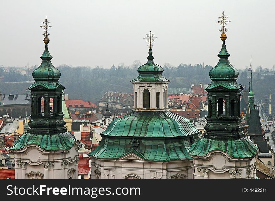 Aerial view of Old Town Square neighborhood in Prague from the top of the town hall