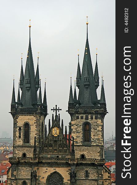 Aerial view of Old Town Square neighborhood in Prague from the top of the town hall