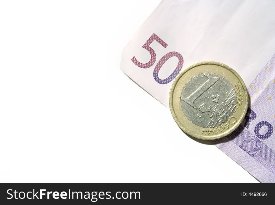 Five hundred euro bill with one euro coin isolated on the white background represent five hundred one euros