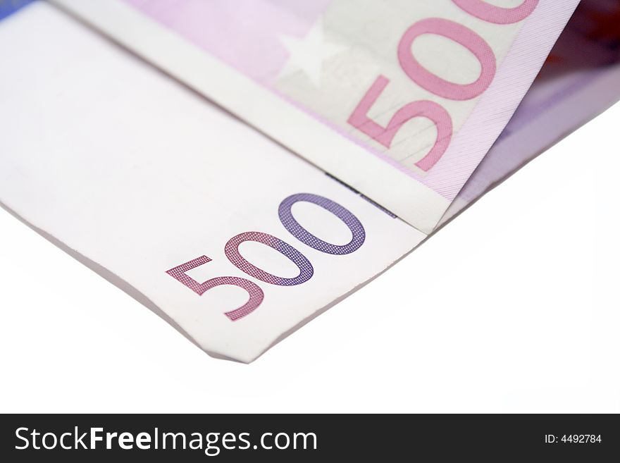 Isolated five hundred euro bill close-up isolated on white background. Isolated five hundred euro bill close-up isolated on white background