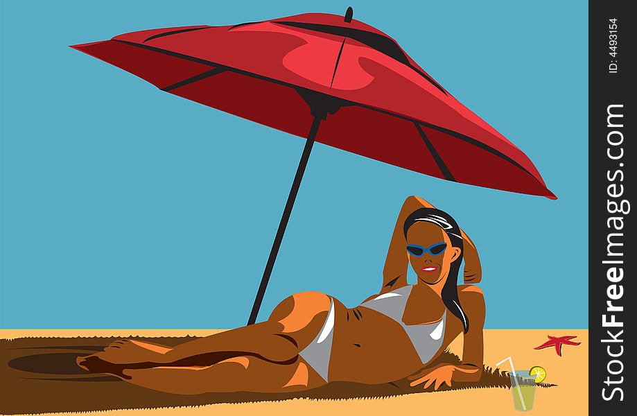 Illustration of a girl on the beach, smiling under the sunshade