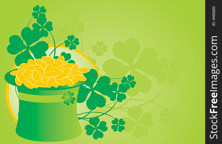 Saint Patrick's day hat with golden coins and clover background