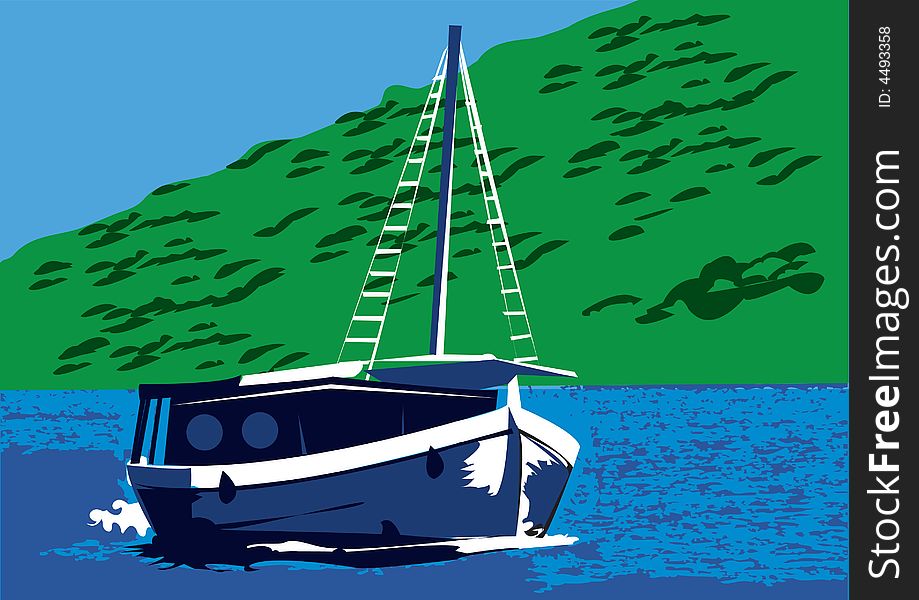 Illustration of a tourist boat near coast