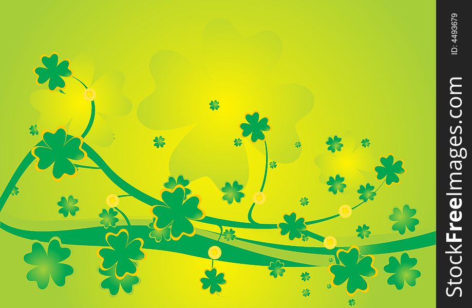 Green clover shapes design with small gold coins. Green clover shapes design with small gold coins