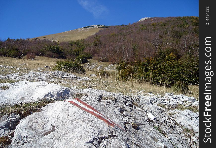 Detail of marked hikers path on Bjelasnica mountain, Bosnia
