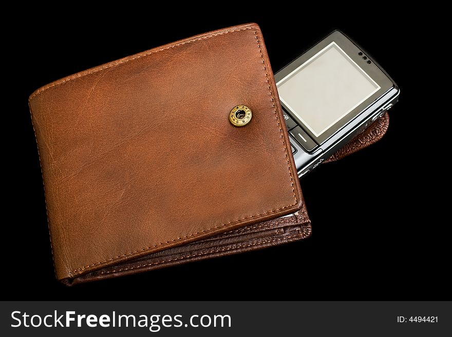 Leather purse with cellular phone