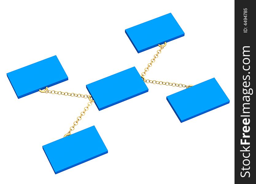 3d blue boxes, connected by a gold circuit. Objects over white