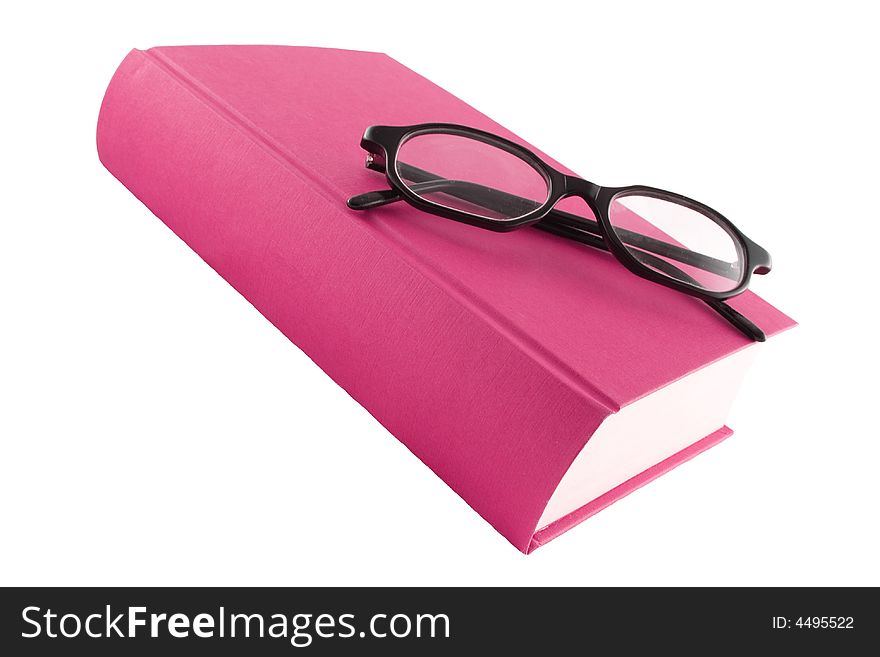 Purple book and black glasses on a white background