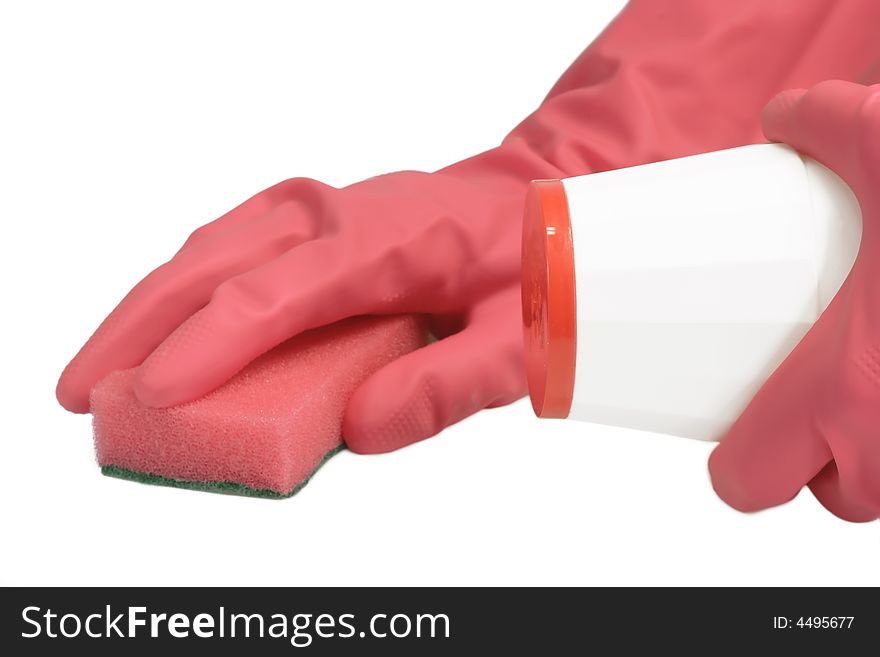 Pink gloves and a pink sponge on white background. Pink gloves and a pink sponge on white background.