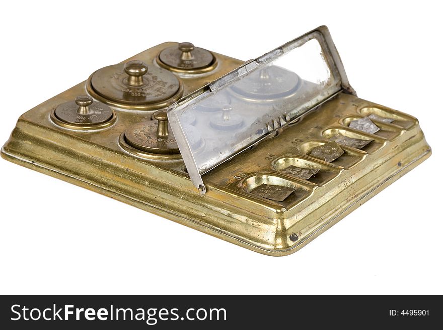 Box with an assortment of different weights brass. Box with an assortment of different weights brass