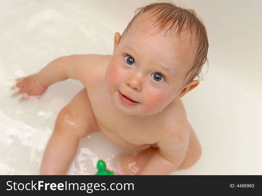 A baby in a bath