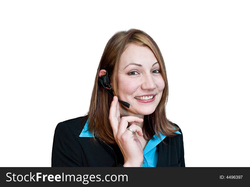 Business woman in a suit with a headset. Business woman in a suit with a headset