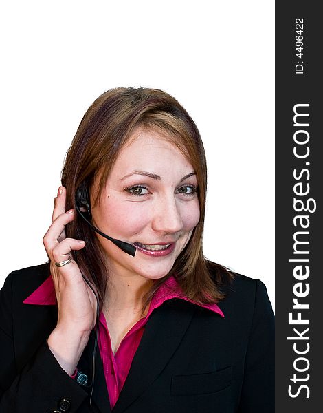 Business woman in a suit with a headset. Business woman in a suit with a headset