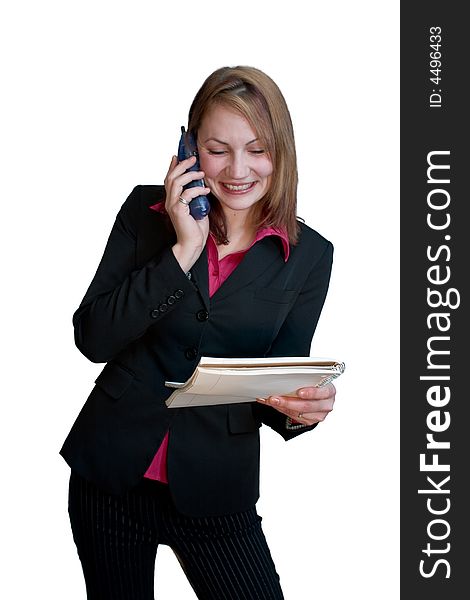 Business woman in a suit with a phone and notepad. Business woman in a suit with a phone and notepad