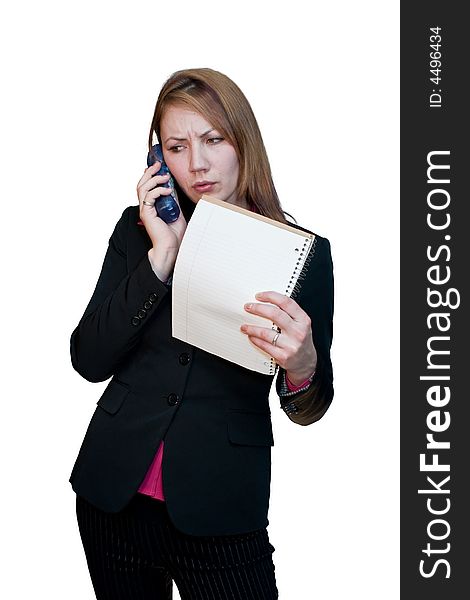 Business woman in a suit with a phone and notepad. Business woman in a suit with a phone and notepad