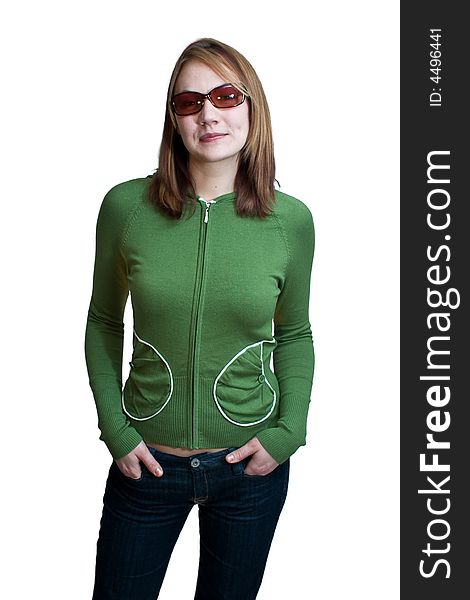 Woman in a green sewater with sunglasses posing. Woman in a green sewater with sunglasses posing