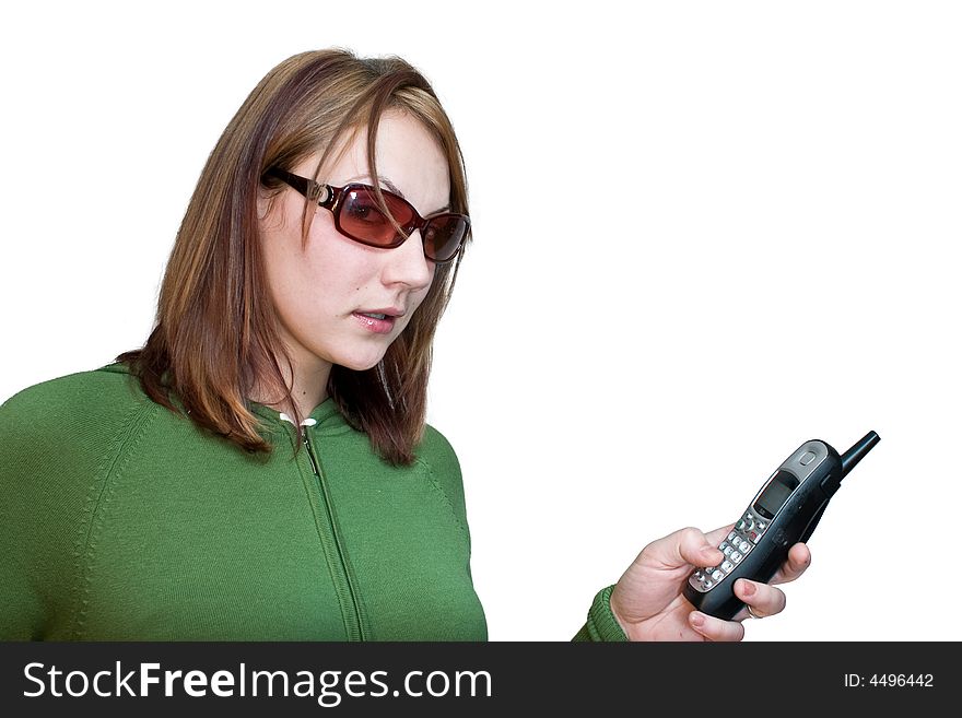 Hip lady with glasses and a cordless phone. Hip lady with glasses and a cordless phone